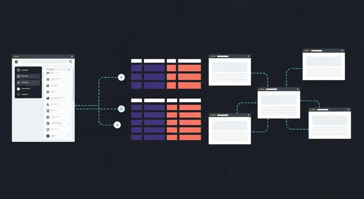 Dashboard interface connecting to tables and multiple website windows illustrating WPML functionality.