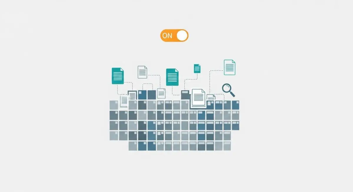 An infographic showing interconnected documents and files, symbolizing a Warehouse Management System solution.