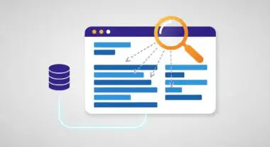 Abstract illustration of web scraping with a magnifying glass over data bars connected to a database icon.