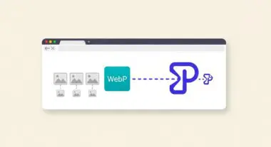 Multiple image placeholders transforming into a single WebP file for efficient delivery.
