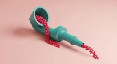 A teal pipe funnels pink spheres, symbolizing data flow in a webhook.