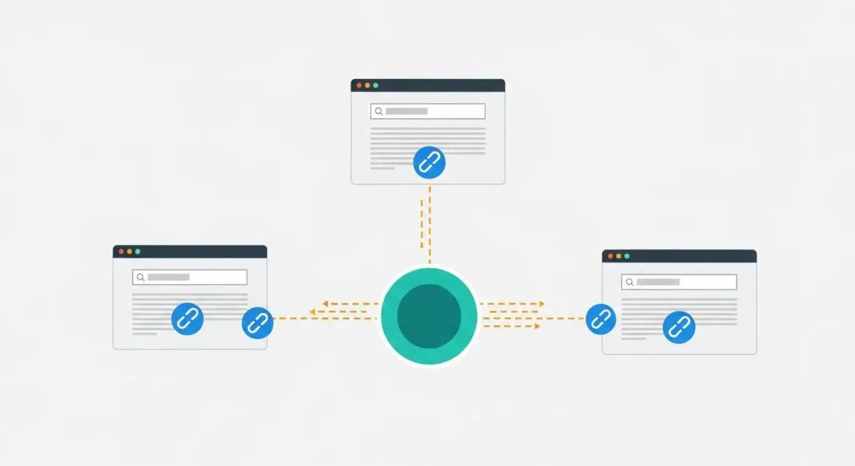 Diagram illustrating webhook integration with a central hub connecting multiple web pages.