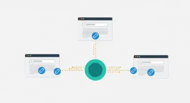 Diagram illustrating webhook integration with a central hub connecting multiple web pages.