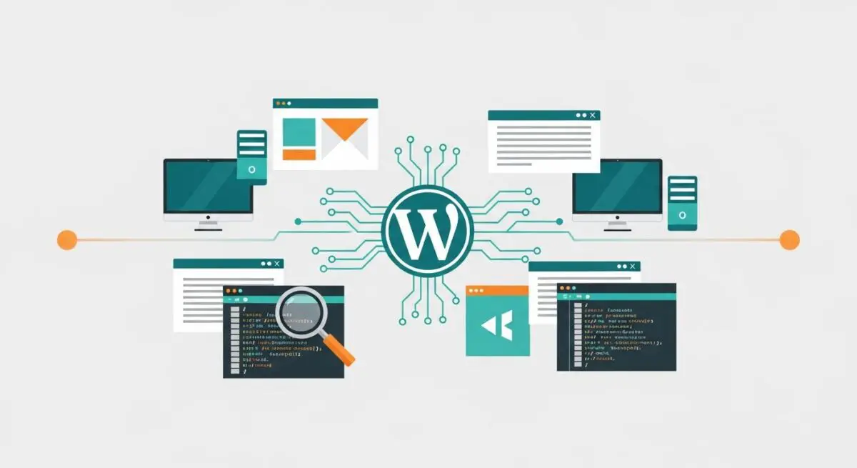 Conceptual illustration of Webpack connecting various devices and code snippets around the WordPress logo.