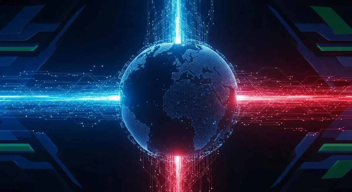 Abstract globe with red and blue digital streams, illustrating the concept of AI Nationalism.