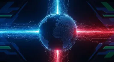 Abstract globe with red and blue digital streams, illustrating the concept of AI Nationalism.