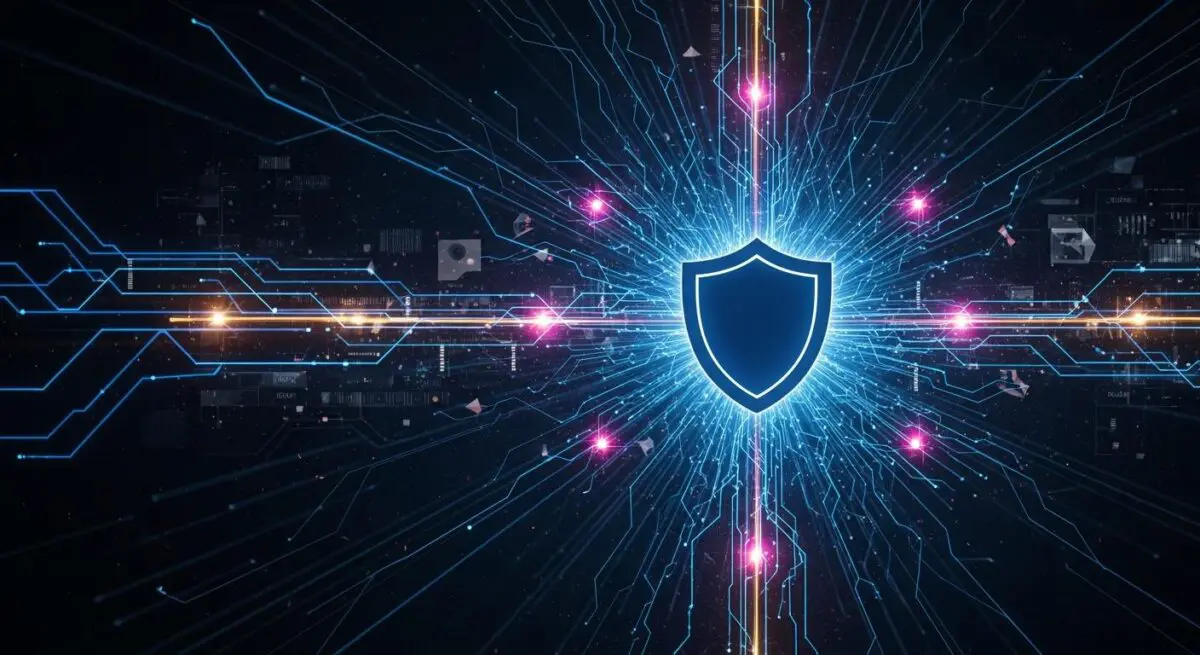 Abstract shield graphic at the center of a digital network, symbolizing XDR security solutions.