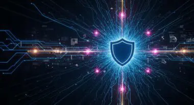 Abstract shield graphic at the center of a digital network, symbolizing XDR security solutions.