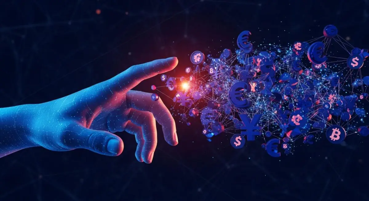 Conceptual visualization of FinTech transforming financial services with digital currency symbols interconnected.