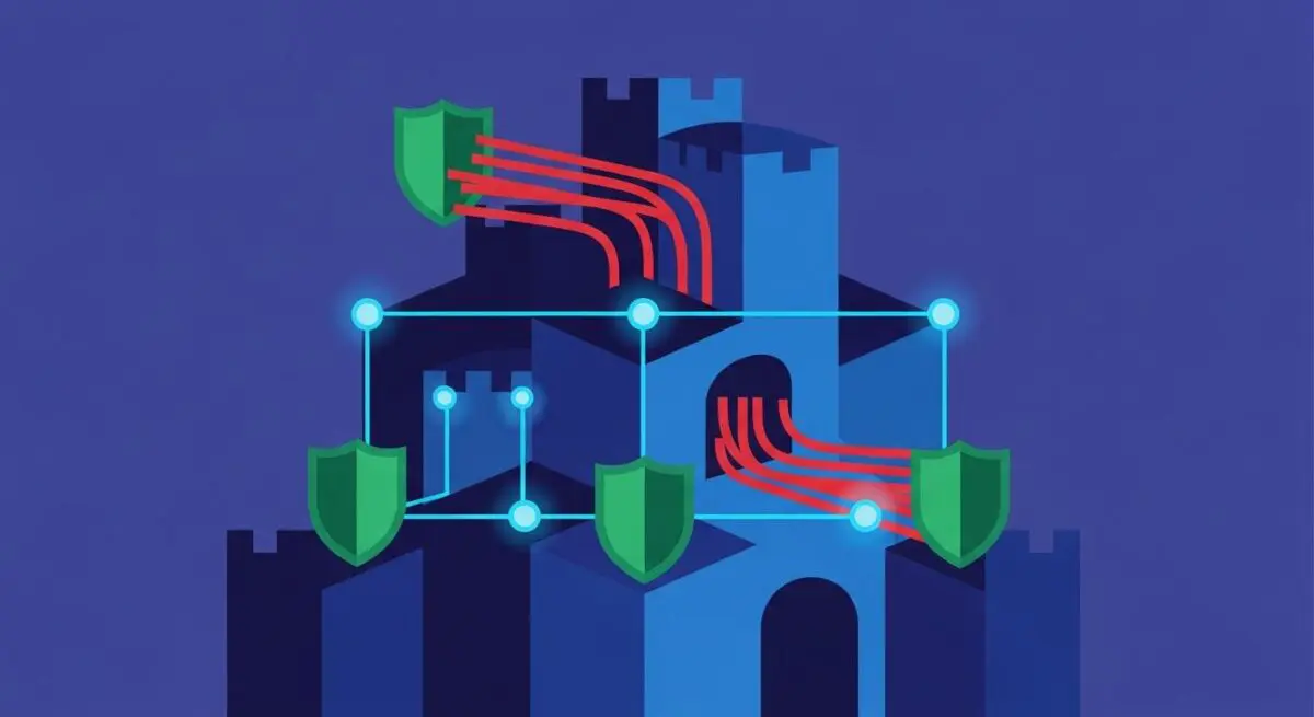 Conceptual illustration of what is Zero-Trust Network Access (ZTNA) showing a fortress with security shields.