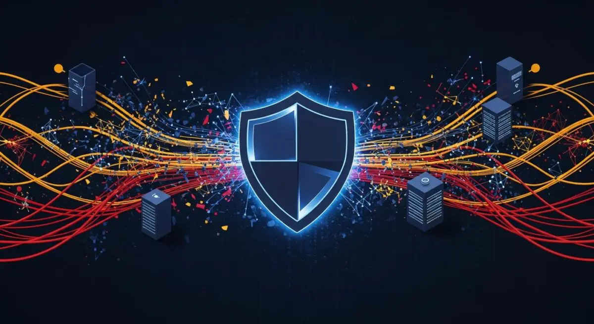 A digital shield represents security operations, surrounded by data streams, illustrating when to outsource to an MDR provider.
