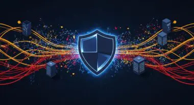 A digital shield represents security operations, surrounded by data streams, illustrating when to outsource to an MDR provider.