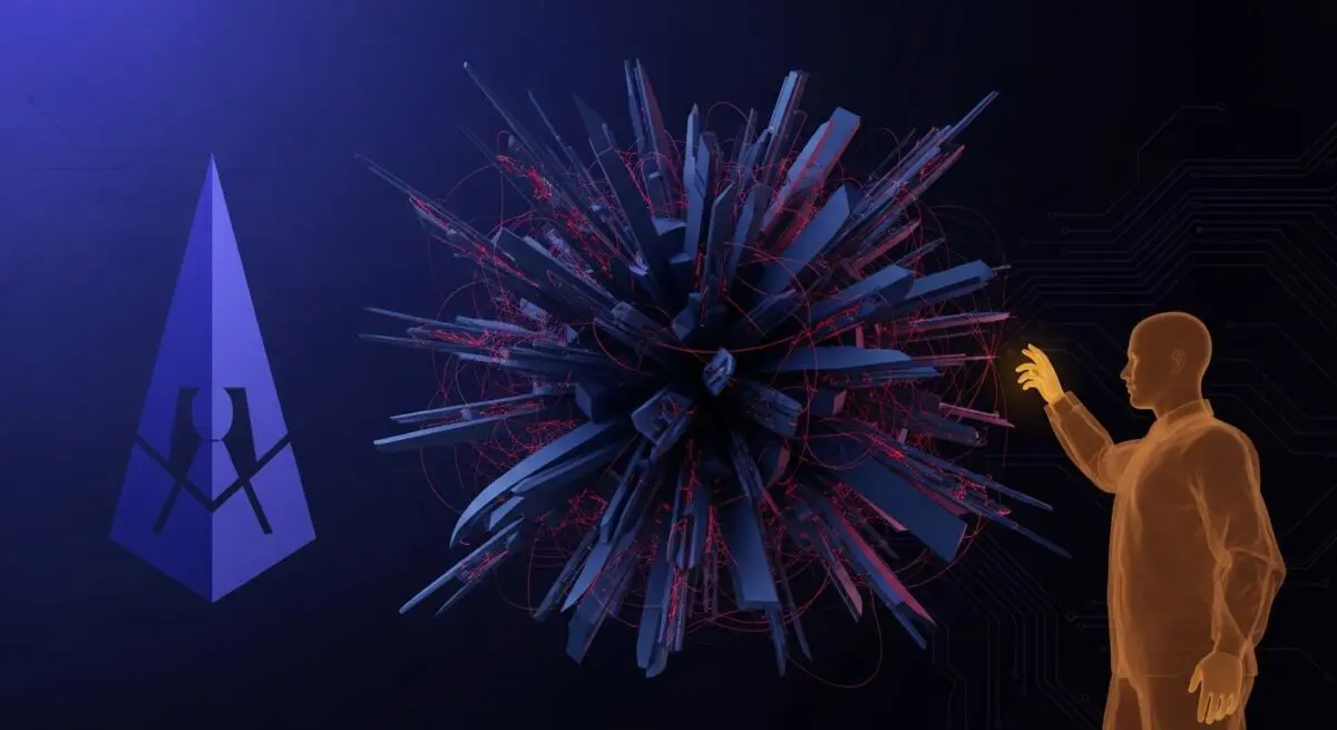 A stylized figure interacts with a complex abstract structure, symbolizing the difficulty in solving social problems versus building a business.