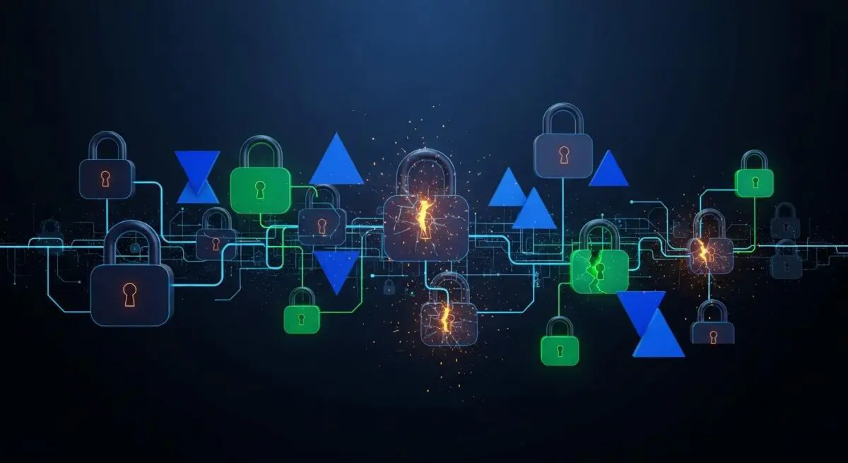 Broken digital padlocks symbolize the dangers of why your employees shouldn't be reusing passwords.