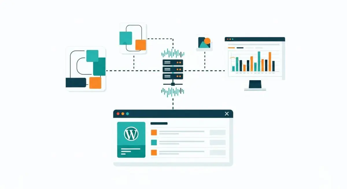 Diagram illustrating the WordPress Widgets API connecting to data servers and displaying analytics.