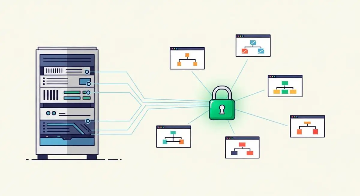 A server rack connecting to a central padlock, illustrating Wildcard SSL security for multiple subdomains.