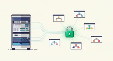 A server rack connecting to a central padlock, illustrating Wildcard SSL security for multiple subdomains.