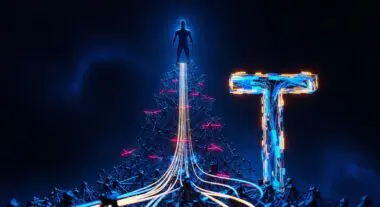 A silhouetted figure stands atop a network structure, illuminated by glowing lines, contemplating the AI symbol. Will the First Trillionaire Be an AI?