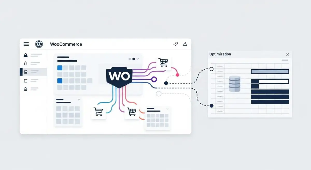 Diagram illustrating WooCommerce integration with various e-commerce functions and optimization metrics.
