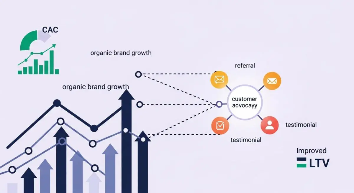 Diagram illustrating customer advocacy leading to organic brand growth and improved LTV, key elements of word of mouth marketing.