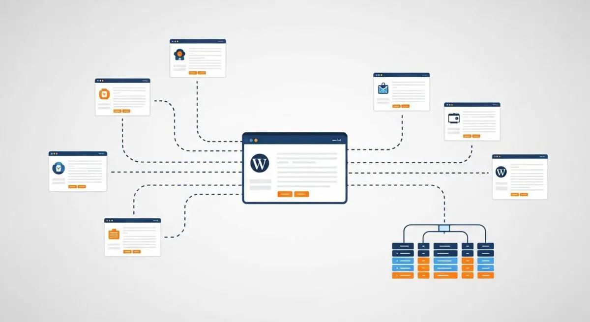Diagram illustrating the interconnectedness of websites within a WordPress Multisite network.