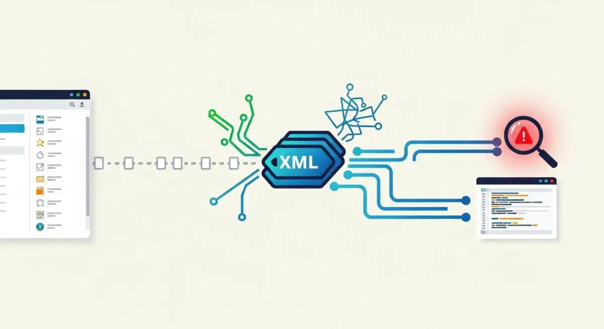 Illustration of data flow from a dashboard to an XML tag, indicating potential issues with XML-RPC communication.