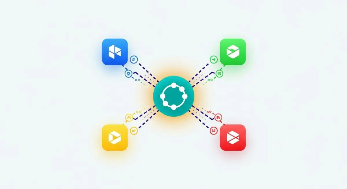 Conceptual diagram showing Zapier connecting various app icons in a workflow.
