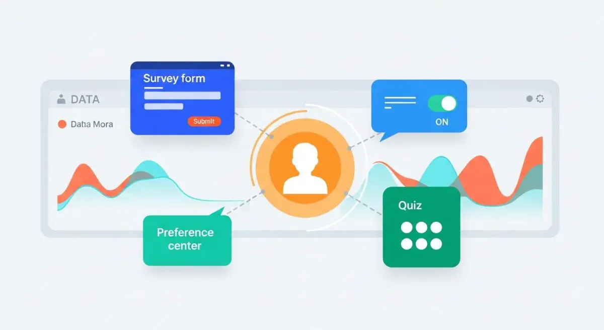 Illustration showing survey forms, quizzes, and preference centers collecting data for Zero-Party Data.