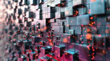 Abstract network of interconnected cubes representing a machine layer with glowing red particles.