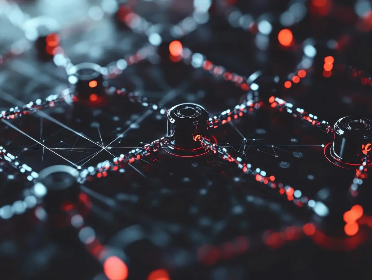 Close-up view of interconnected nodes and glowing pathways, symbolizing a Cross-Encoder.