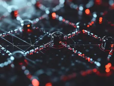 Close-up view of interconnected nodes and glowing pathways, symbolizing a Cross-Encoder.