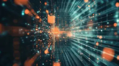 Abstract visualization of data streams and nodes, representing machine inference processes.