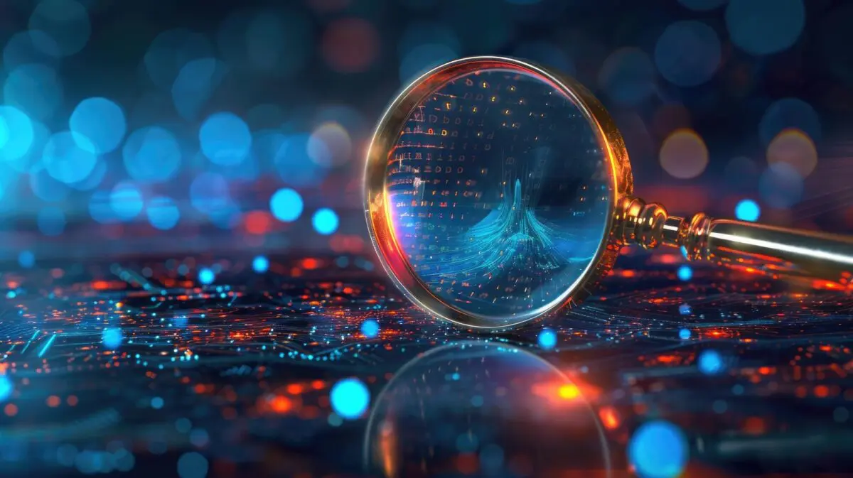 Magnifying glass examining glowing abstract digital network, symbolizing entity recognition.