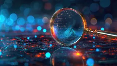 Magnifying glass examining glowing abstract digital network, symbolizing entity recognition.