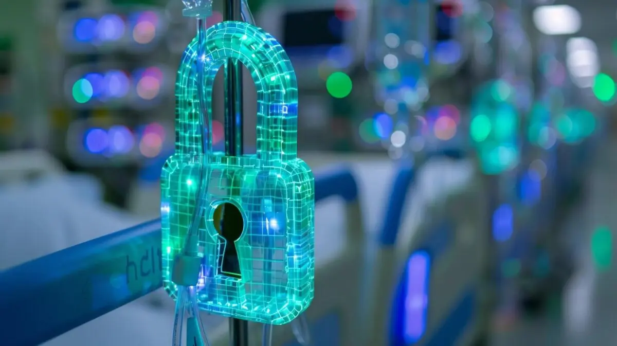 Digital padlock icon representing HSTS (HTTP Strict Transport Security) encryption in a medical environment.