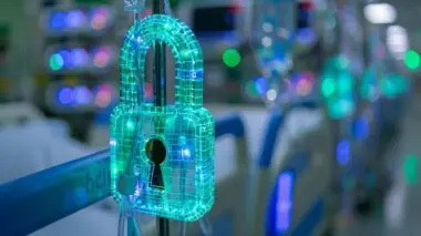 Digital padlock icon representing HSTS (HTTP Strict Transport Security) encryption in a medical environment.