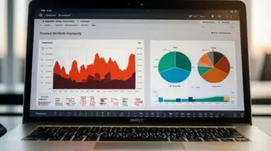 Laptop screen displaying financial data analytics with line graphs and pie charts, reflecting Google Trends.