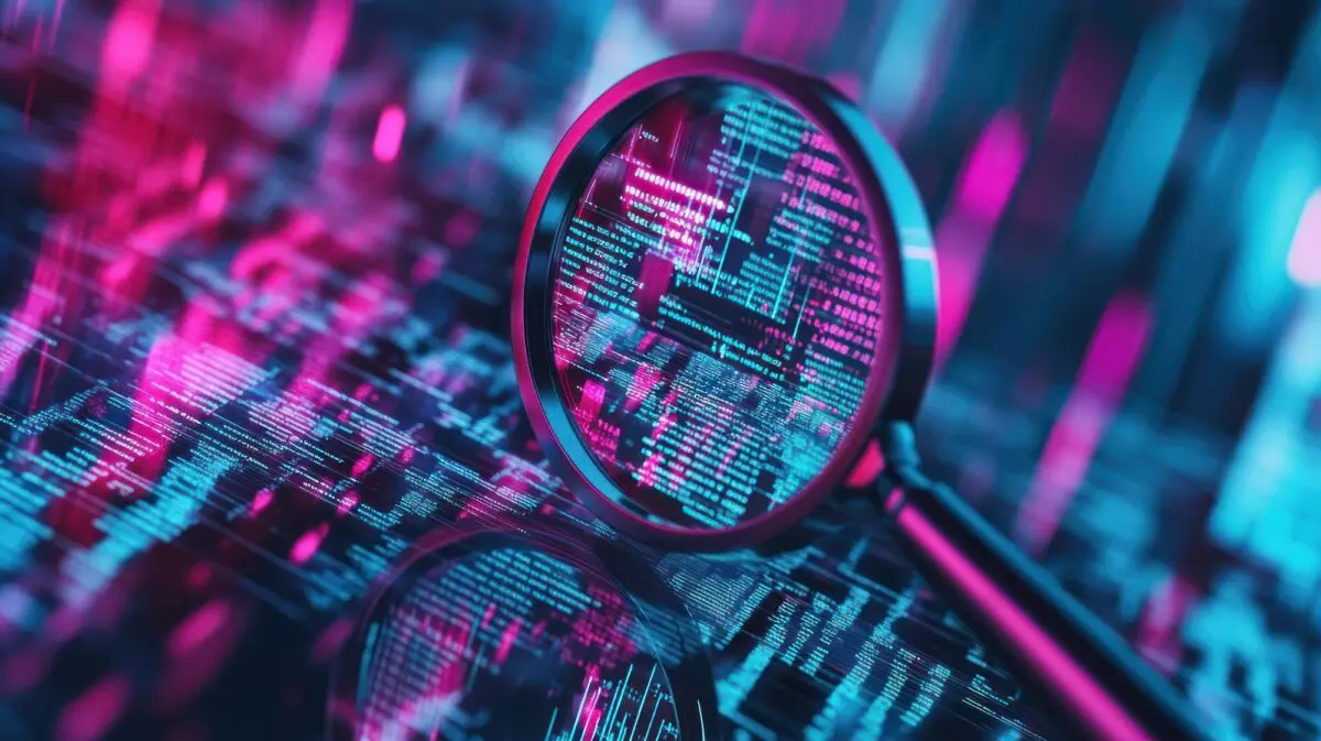 Magnifying glass over glowing digital code, illustrating dense retrieval of information.