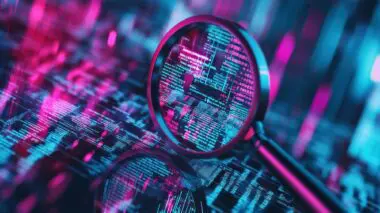 Magnifying glass over glowing digital code, illustrating dense retrieval of information.