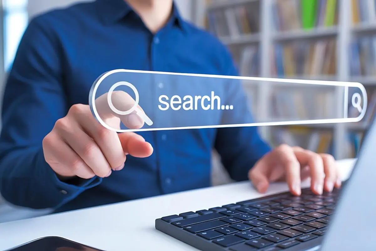 A person uses a virtual search bar to find a direct answer on a laptop.