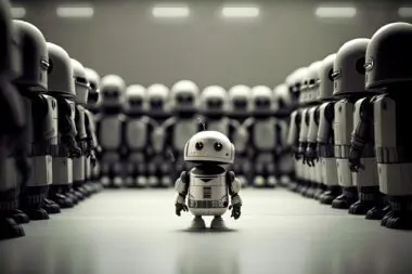 A small, friendly robot stands alone before a line of larger, imposing robots, representing Googlebot.