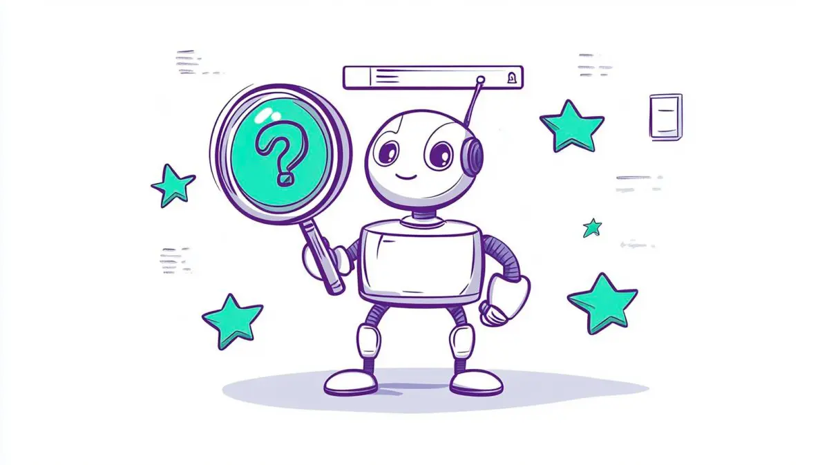 Friendly robot examining a question mark with a magnifying glass, representing the feedback loop in AI Search.
