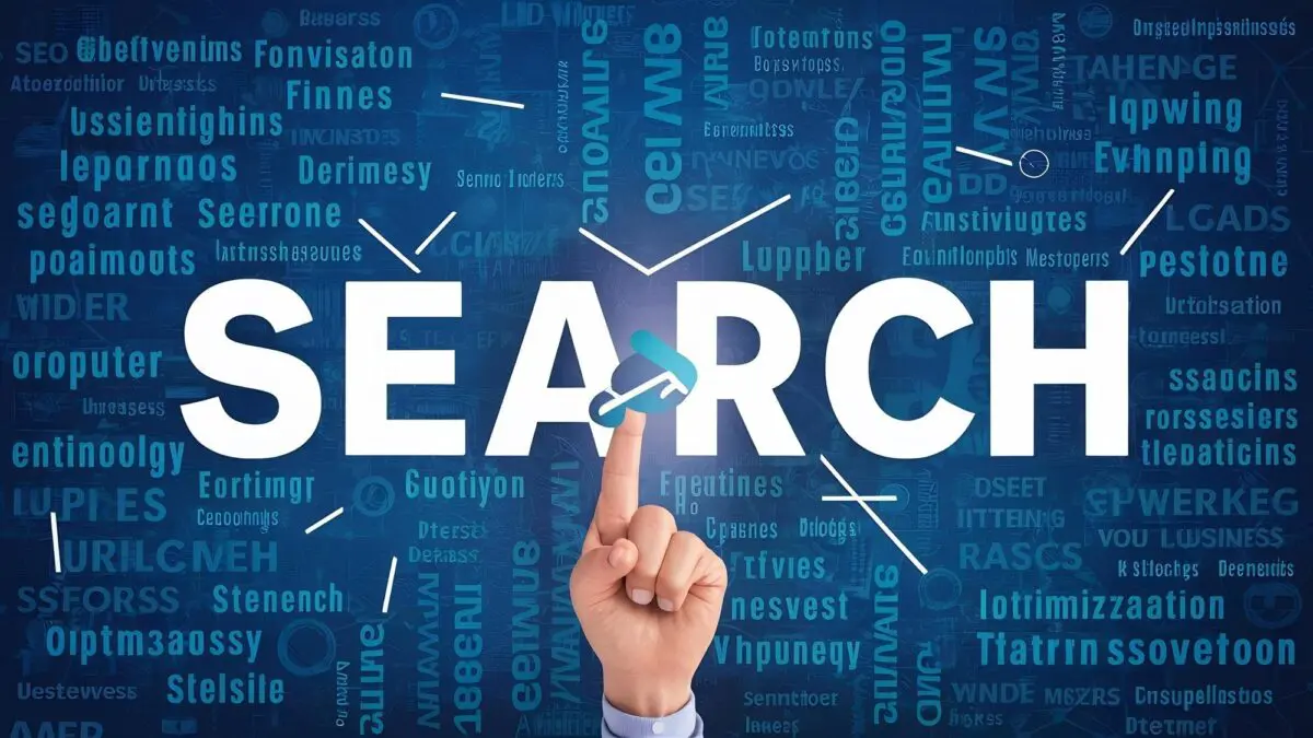 Finger pointing at a stylized lock icon on the word SEARCH, symbolizing how keyword cannibalization can complicate search engine optimization.