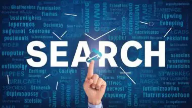 Finger pointing at a stylized lock icon on the word SEARCH, symbolizing how keyword cannibalization can complicate search engine optimization.