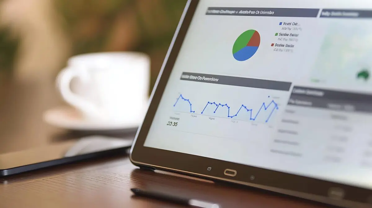 Tablet screen displaying analytics graphs and charts related to Google Search Console performance.