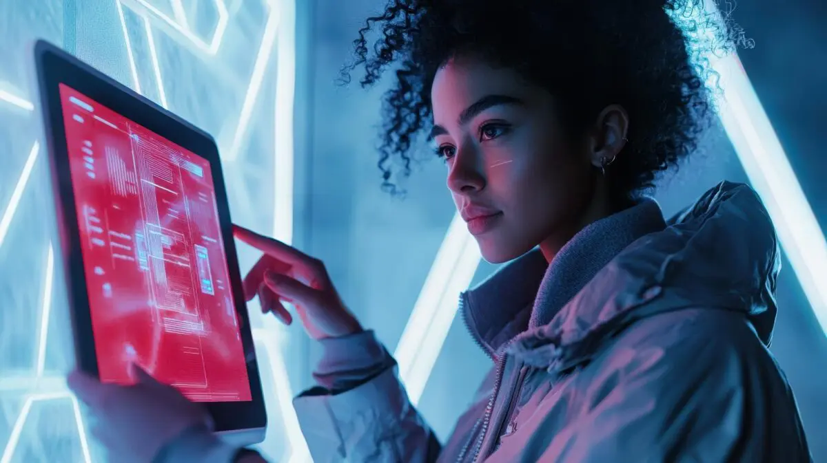 Woman interacts with a tablet displaying complex data, symbolizing efficient Interaction to Next Paint (INP) optimization.
