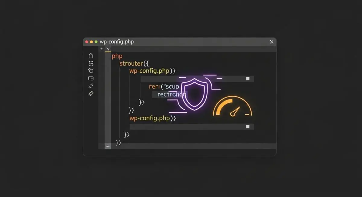 A neon shield and speed meter graphic overlays PHP code showing wp-config.php settings.