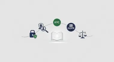 Illustration of financial regulations like AML, KYC, GDPR, and legal scales centered around an open book.