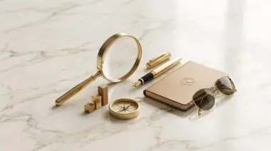 Golden compass, magnifying glass, and pen symbolize research into the extreme sports and adventures of the super-rich.