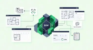 Schematic showing BIM central to AEC software integration with blueprints, API, and analytics.